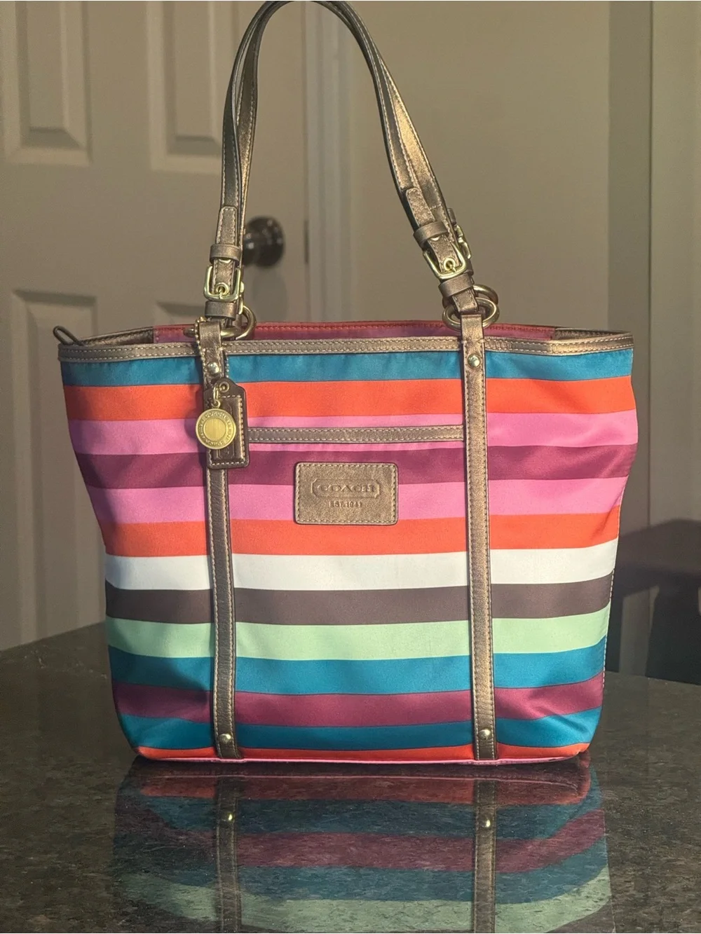 Coach Small Legacy Stripe Tote with Metallic Bronze Trim